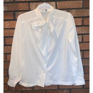 Nan‎ Dorsey Vintage White Pussybow Blouse Tie Neck Long Sleeve Button Up Top